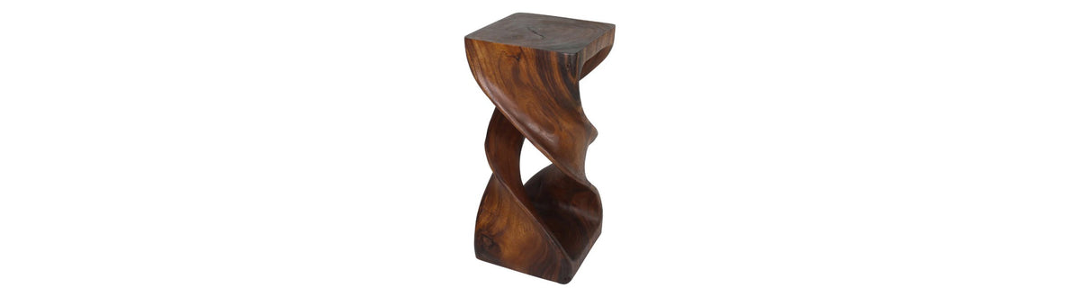 Haussmann double twist solid wood end table in walnut, hand-carved, shown full against a matching white background so the whole piece is visible