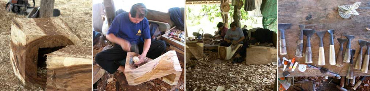 Four stages of the carving process at Haussmann's Chiang Mai workshop: raw cut log, a carver mid chisel-strike, two carvers finishing a piece, and hand tools on a workbench
