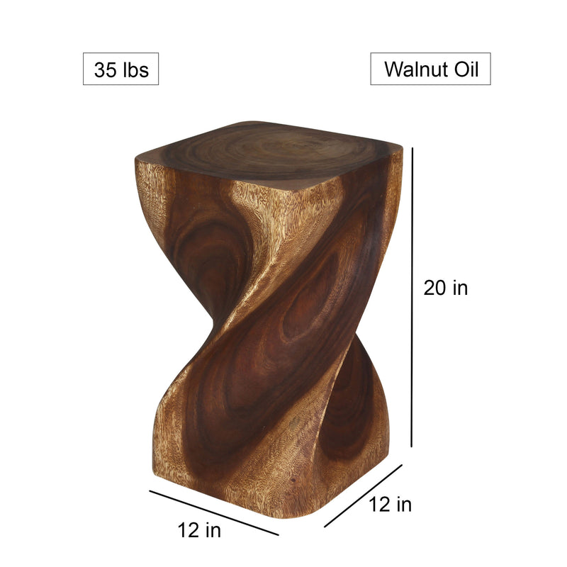 Big Twist Wood Stool Accent Table 12 in SQ x 20 in H Walnut Oil