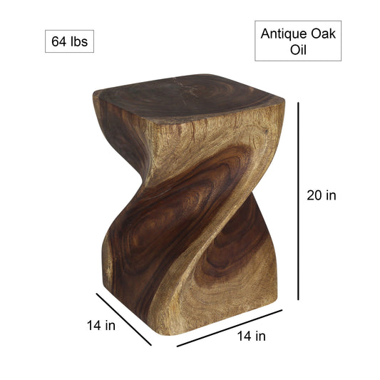 Big Twist Wood Stool Accent Table 14 in SQ x 20 in H Antique Oak Oil