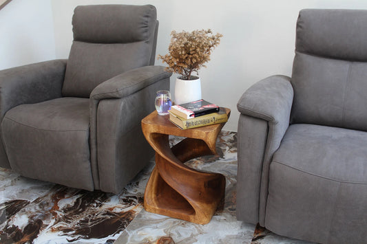 Haussmann Double Twist end table, 15 x 15 x 20 inches, walnut finish in a furnished room