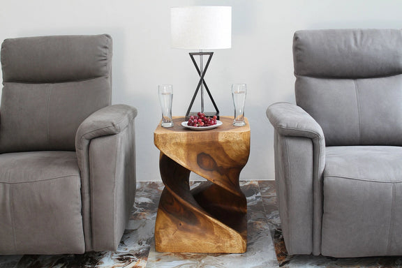 Haussmann Double Twist end table, 18 x 18 x 23 inches, walnut finish in a furnished room