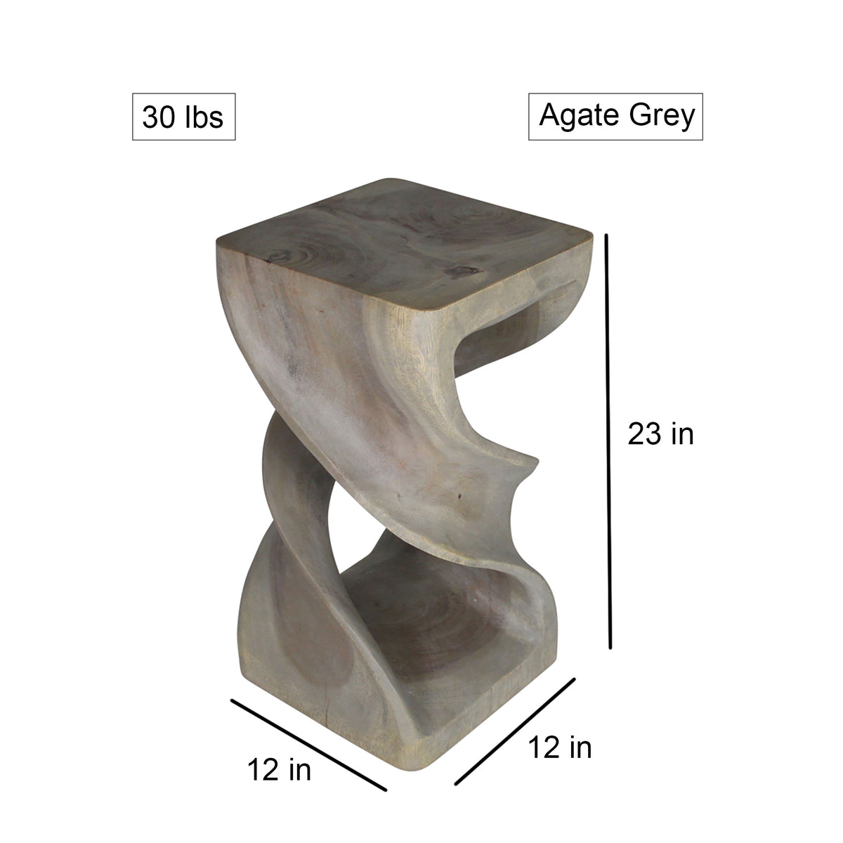 Haussmann Double Twist Pedestal Side Table, Grey, 12 x 12 x 23 in H