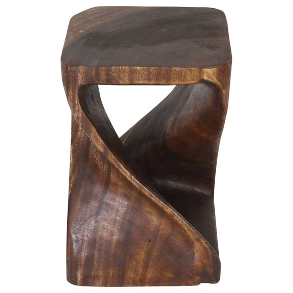Mocha Original Twist hand-carved wood end table, 12 x 12 x 18 inches, second angle showing the carved twist