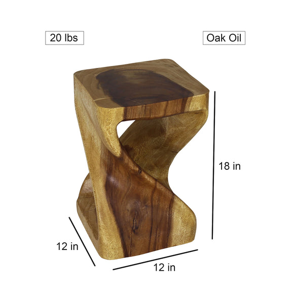 Size diagram of Oak Original Twist hand-carved wood end table, 12 x 12 x 18 inches