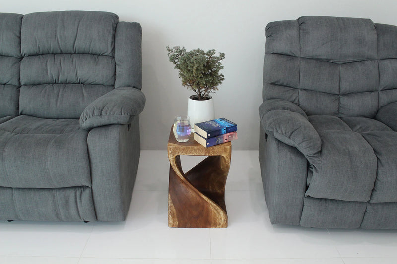 Walnut Original Twist hand-carved wood end table, 12 x 12 x 18 inches, in a furnished room