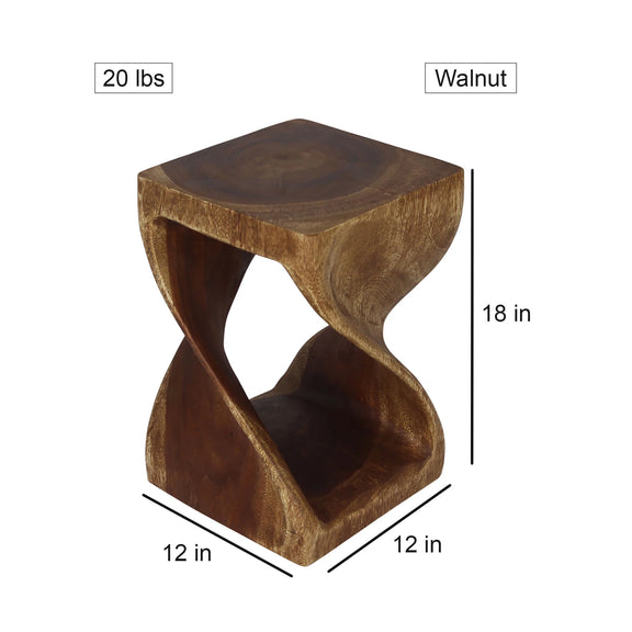 Size diagram of Walnut Original Twist hand-carved wood end table, 12 x 12 x 18 inches