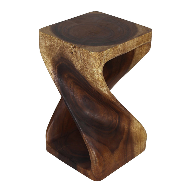 Haussmann Original Twist hand-carved monkeypod end table in Walnut-tone Osmo finish, front view on white background