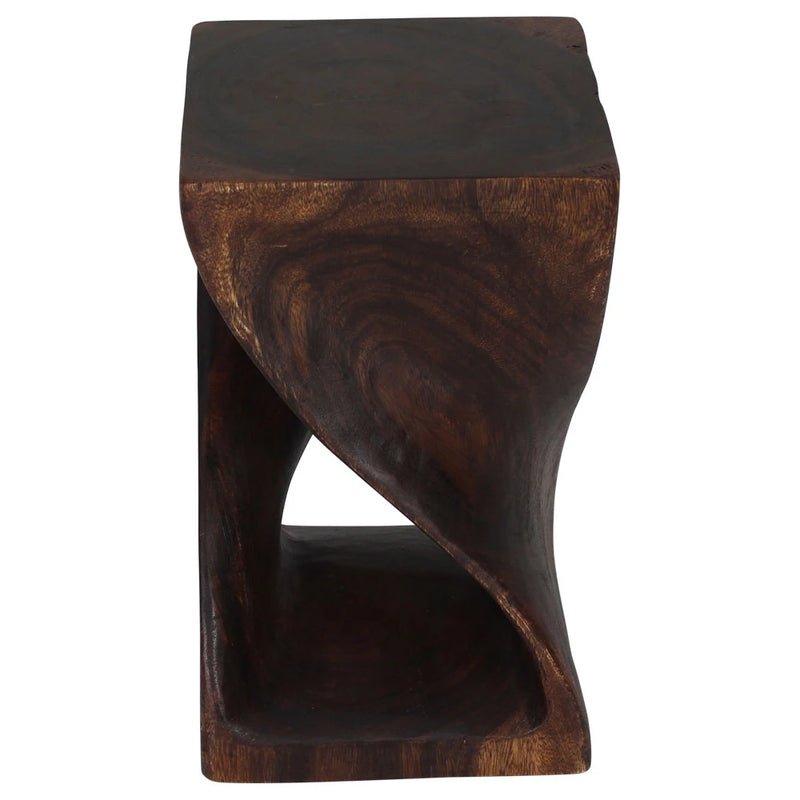 Mocha Original Twist hand-carved wood end table, 12 x 12 x 20 inches, second angle showing the carved twist