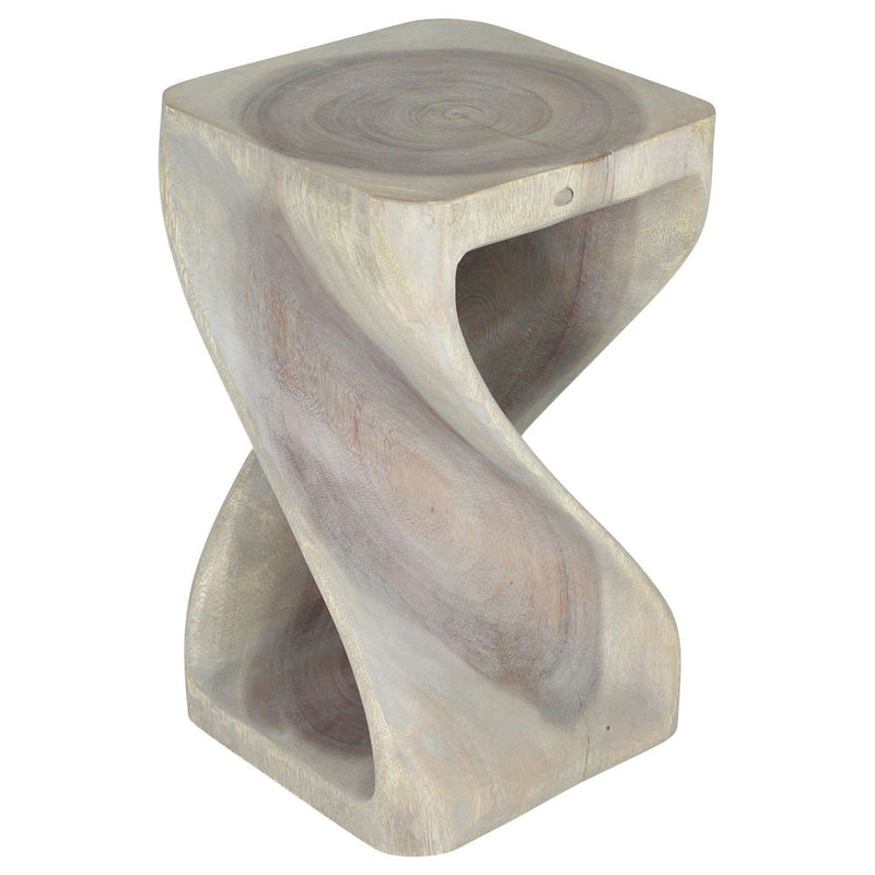 Haussmann Original Twist hand-carved monkeypod end table in Agate Grey-tone Osmo finish, spiral carving and natural grain