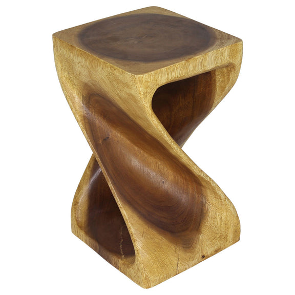 Haussmann Original Twist hand-carved monkeypod end table in Oak-tone Osmo finish, spiral carving and natural grain