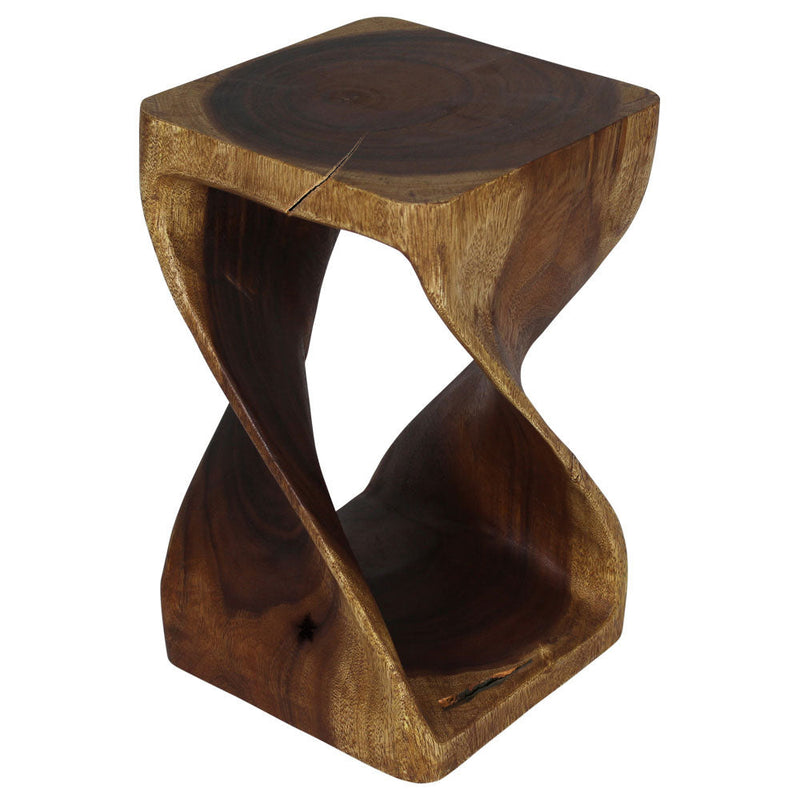 Haussmann Original Twist Pedestal Table, hand-carved solid wood statue, Walnut — top-angled view showing natural checks, knots, and grain