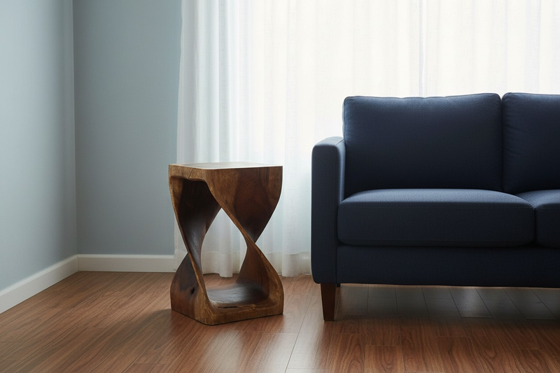 Haussmann Original Twist Pedestal Table styled beside a sofa near a window, Walnut