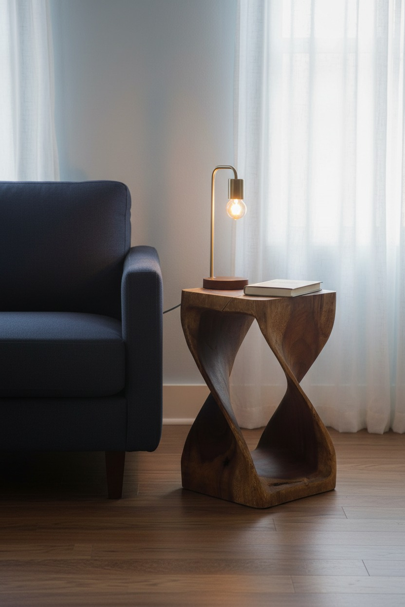 Haussmann Original Twist Pedestal Table styled as a bedside table with a lamp and books, Walnut