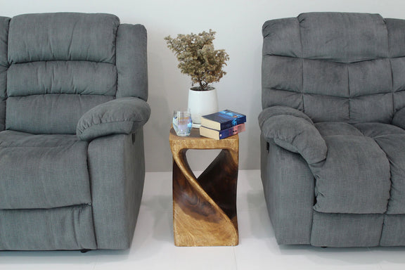 Walnut Original Twist hand-carved wood end table, 12 x 12 x 20 inches, in a furnished room