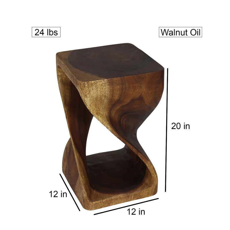 Size diagram of Walnut Original Twist hand-carved wood end table, 12 x 12 x 20 inches