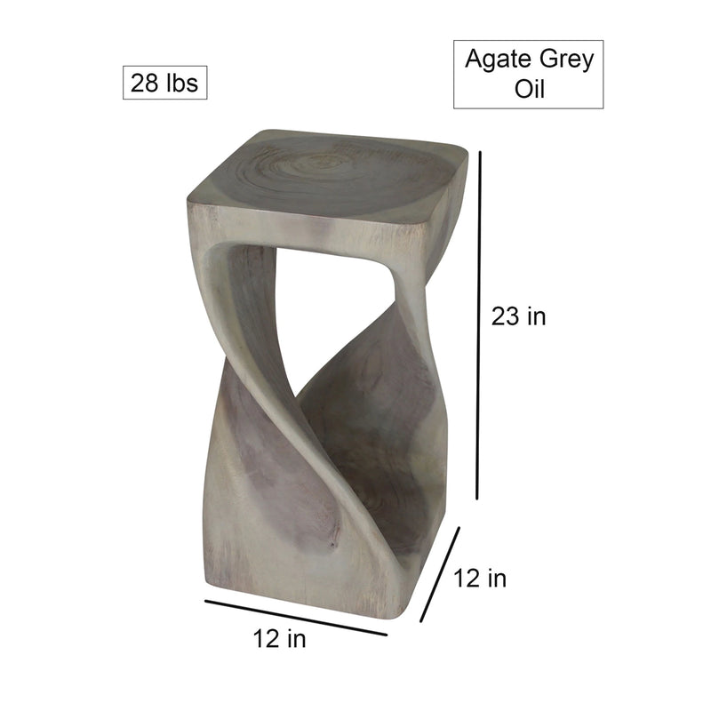 Size diagram of Agate Grey Original Twist hand-carved wood end table, 12 x 12 x 23 inches