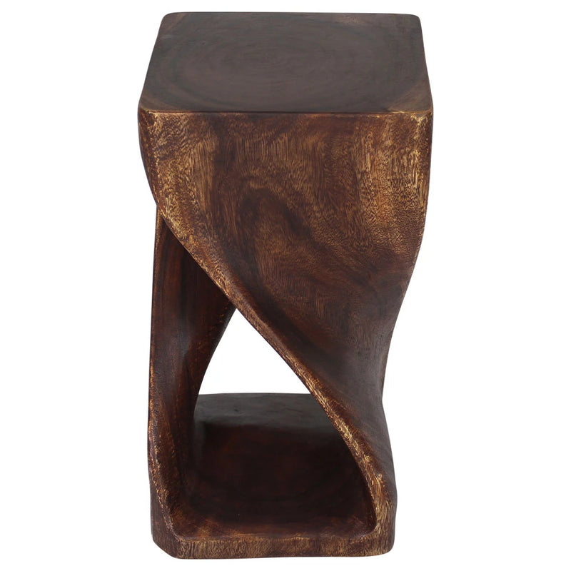 Mocha Original Twist hand-carved wood end table, 12 x 12 x 23 inches, second angle showing the carved twist