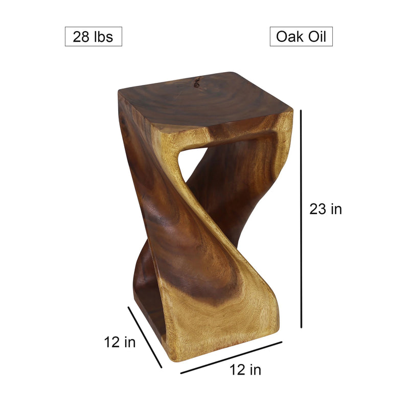 Size diagram of Oak Original Twist hand-carved wood end table, 12 x 12 x 23 inches