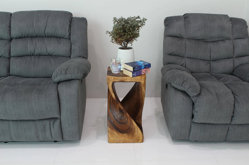 Walnut Original Twist hand-carved wood end table, 12 x 12 x 23 inches, in a furnished room
