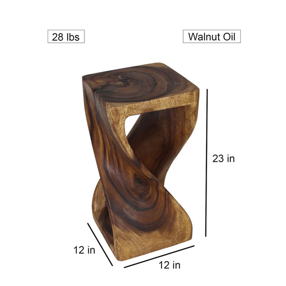 Size diagram of Walnut Original Twist hand-carved wood end table, 12 x 12 x 23 inches