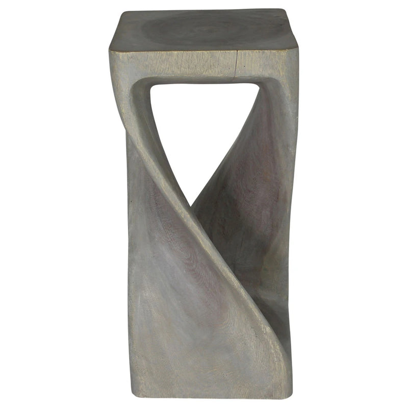 Agate Grey Original Twist hand-carved wood end table, 12 x 12 x 26 inches, second angle showing the carved twist
