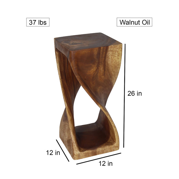 Size diagram of Walnut Original Twist hand-carved wood end table, 12 x 12 x 26 inches