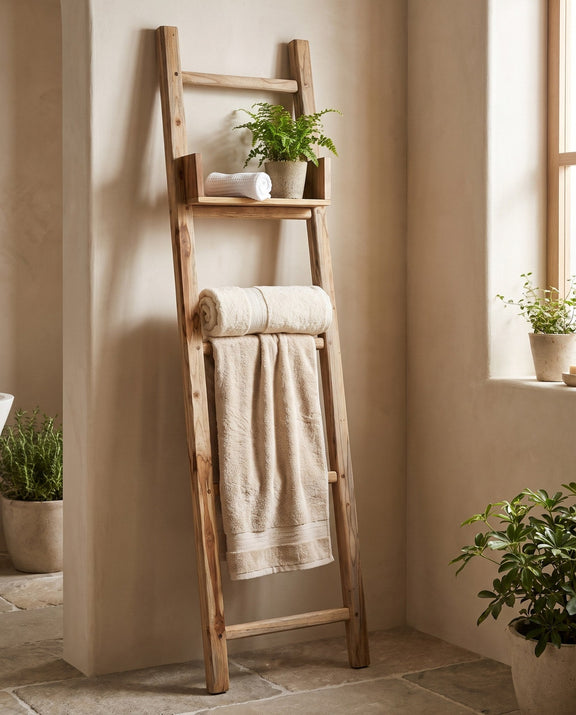 Teak towel ladder styled in a bathroom