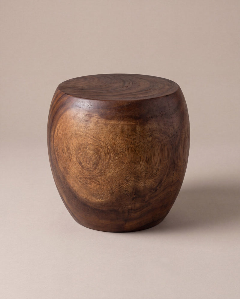 Pouf stool accent table, walnut, studio hero