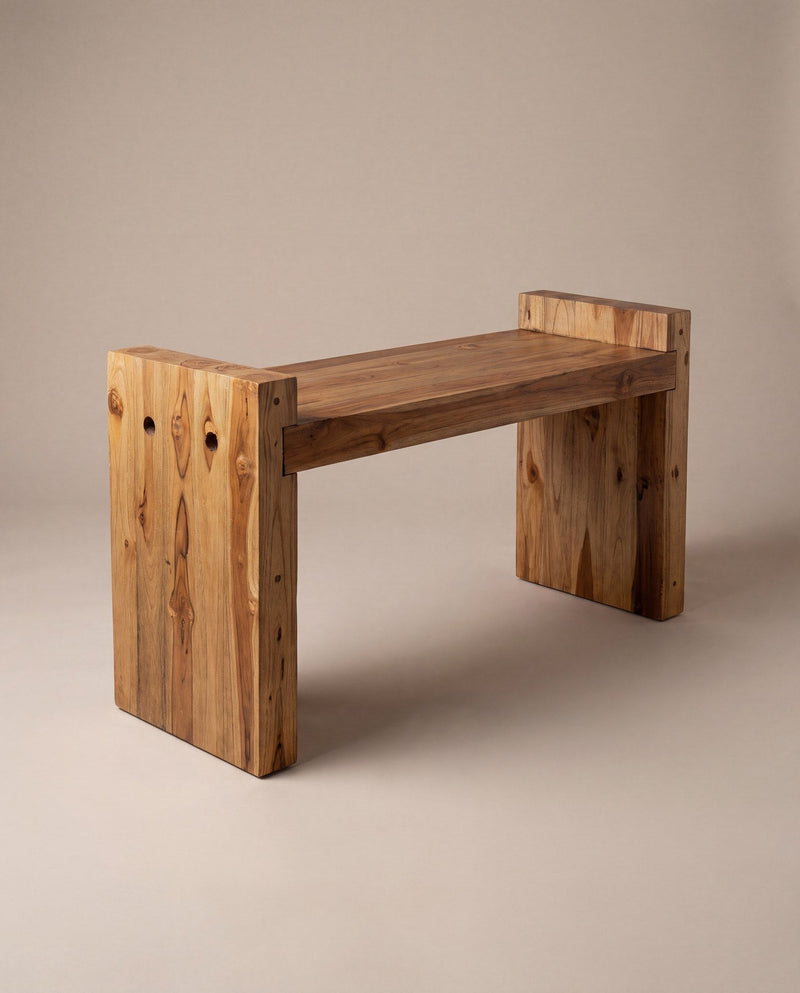 Teak block bench, oak, studio hero