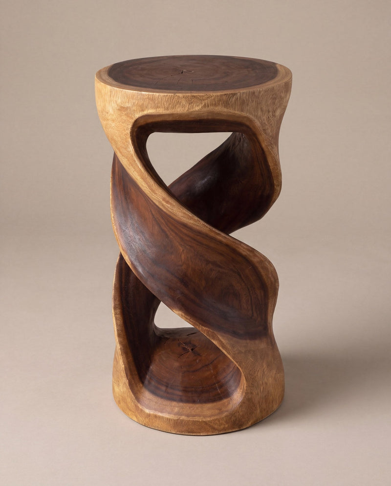 Round double twist end table, walnut, studio hero