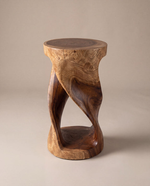 Round twist end table, walnut, studio hero